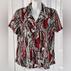 Elementz Red Black Tropical Leaf Print Button Up Short Sleeve Blouse